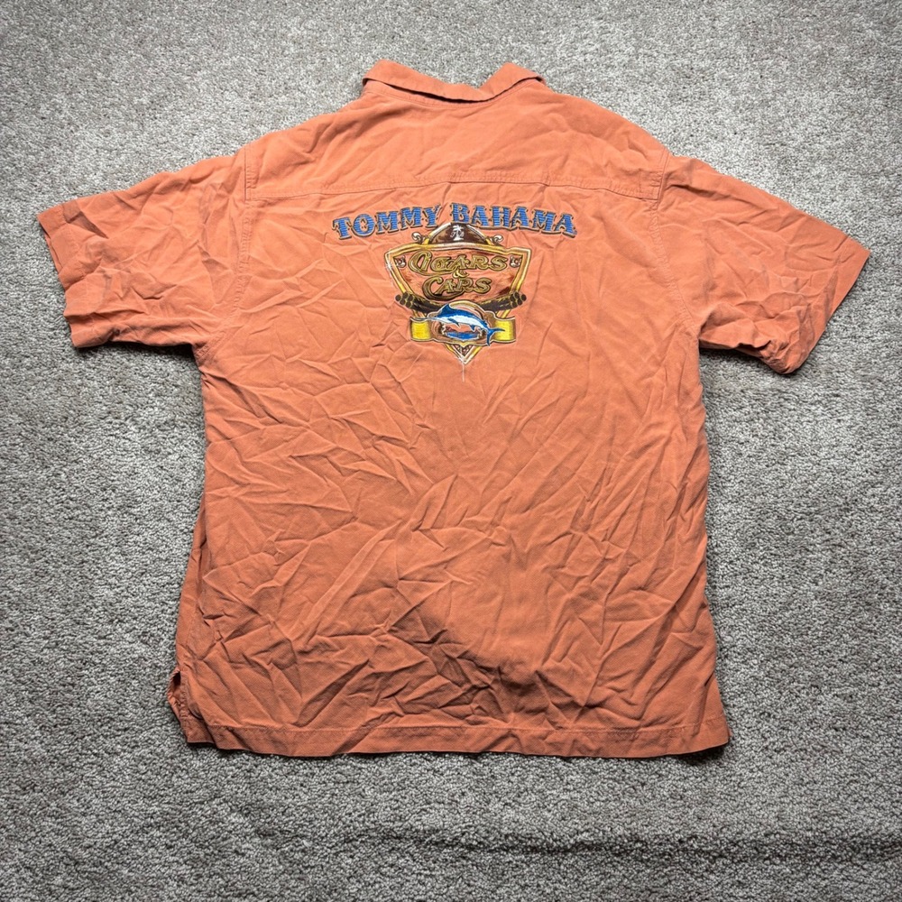 Tommy Bahama Mens Large Silk Cigars & Cars Embroidered Camp Shirt‎ Burnt Orange
